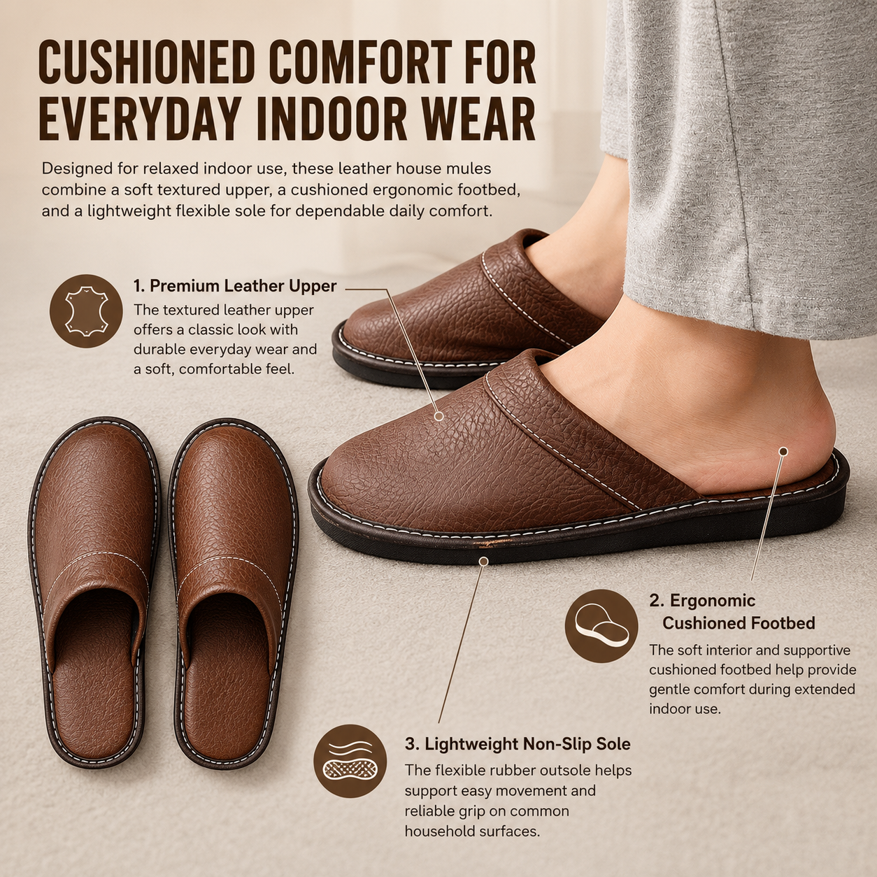 Men's Leather Slippers Slip On Indoor Shoes with Cushioned Ergonomic Sole
