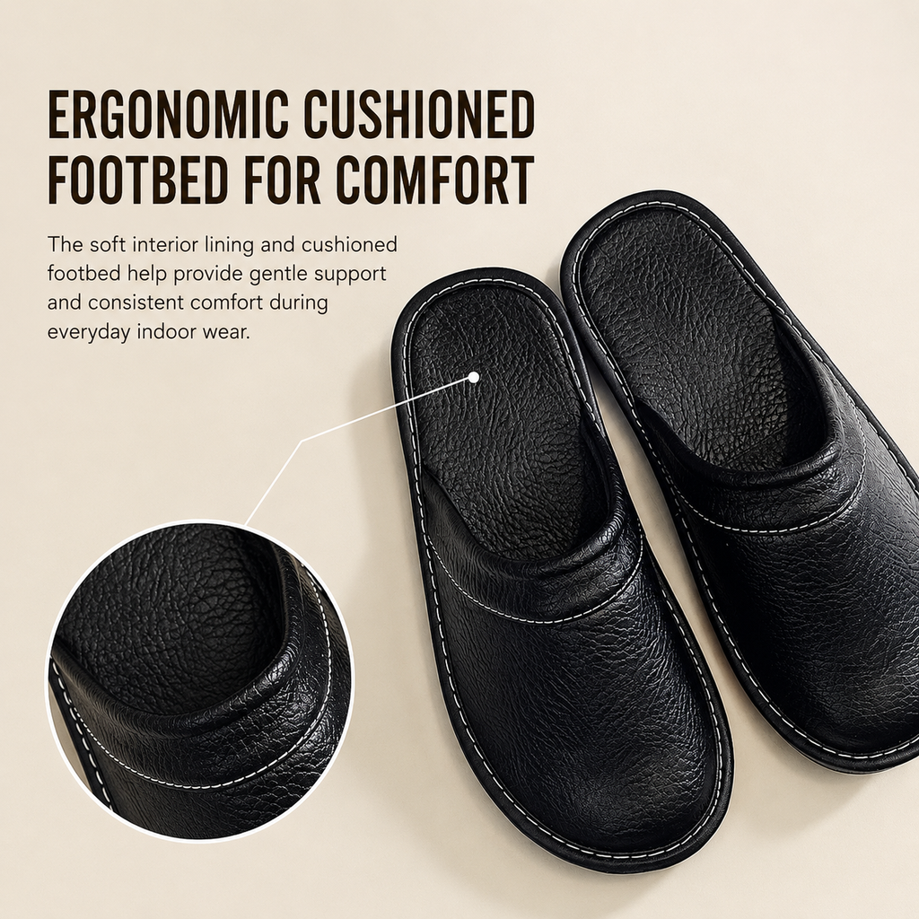 Men's Leather Slippers Slip On Indoor Shoes with Cushioned Ergonomic Sole