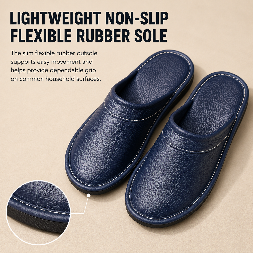 Men's Leather Slippers Slip On Indoor Shoes with Cushioned Ergonomic Sole