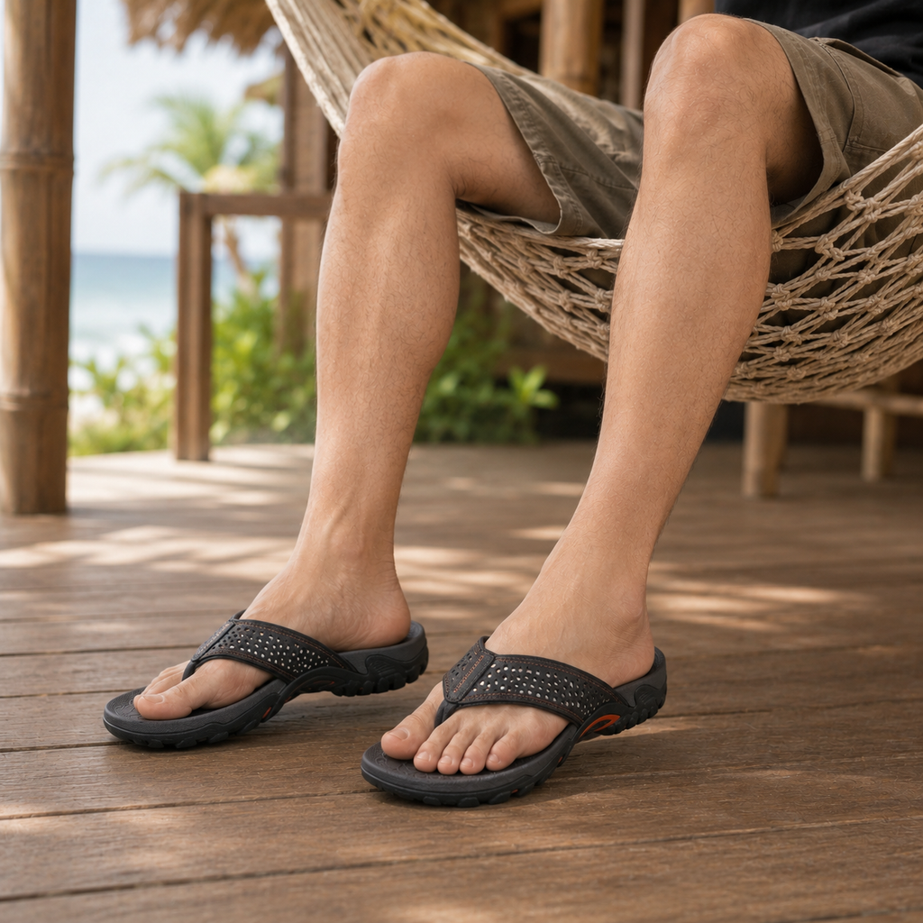 Ortopædiske herre atletiske flip-flops med svangstøtte i PU-læder strand-sandaler