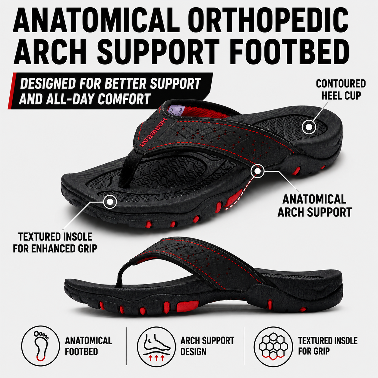 Orthopedic Men's Athletic Flip Flops with Arch Support PU Leather Beach Sandals