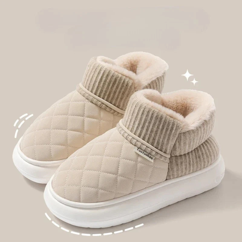 Women's Fleece Lined Platform Slippers Winter Warm Indoor Outdoor Slip-on Cotton Shoes