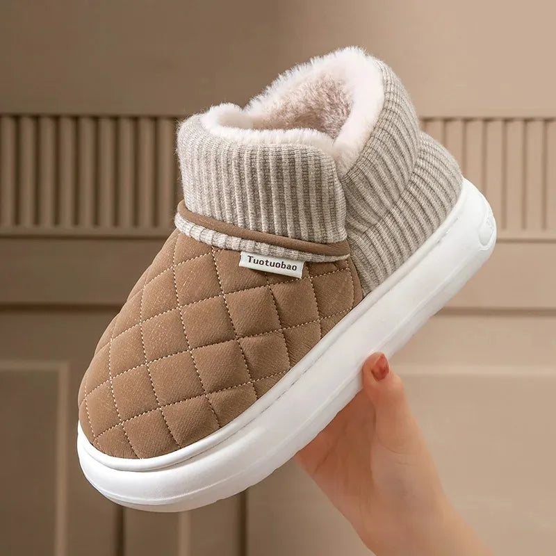 Women's Fleece Lined Platform Slippers Winter Warm Indoor Outdoor Slip-on Cotton Shoes