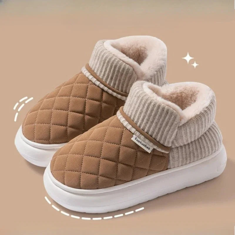 Women's Fleece Lined Platform Slippers Winter Warm Indoor Outdoor Slip-on Cotton Shoes