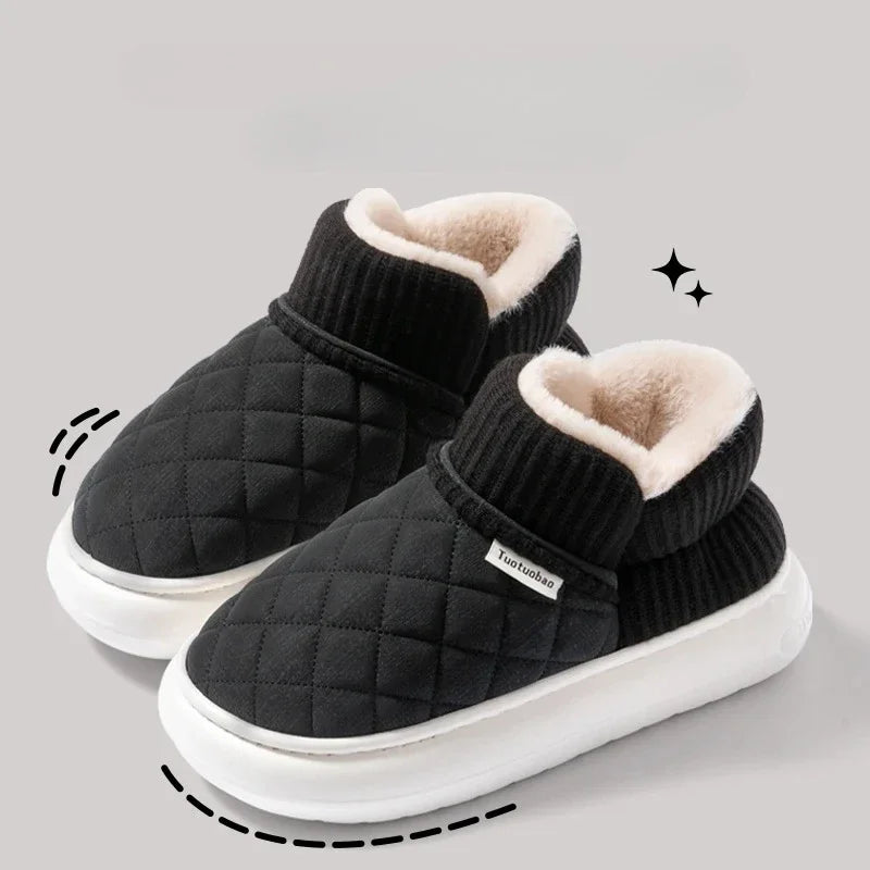 Women's Fleece Lined Platform Slippers Winter Warm Indoor Outdoor Slip-on Cotton Shoes