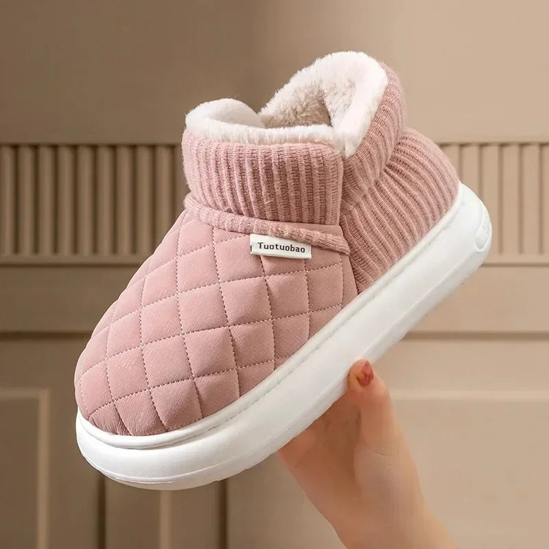 Women's Fleece Lined Platform Slippers Winter Warm Indoor Outdoor Slip-on Cotton Shoes