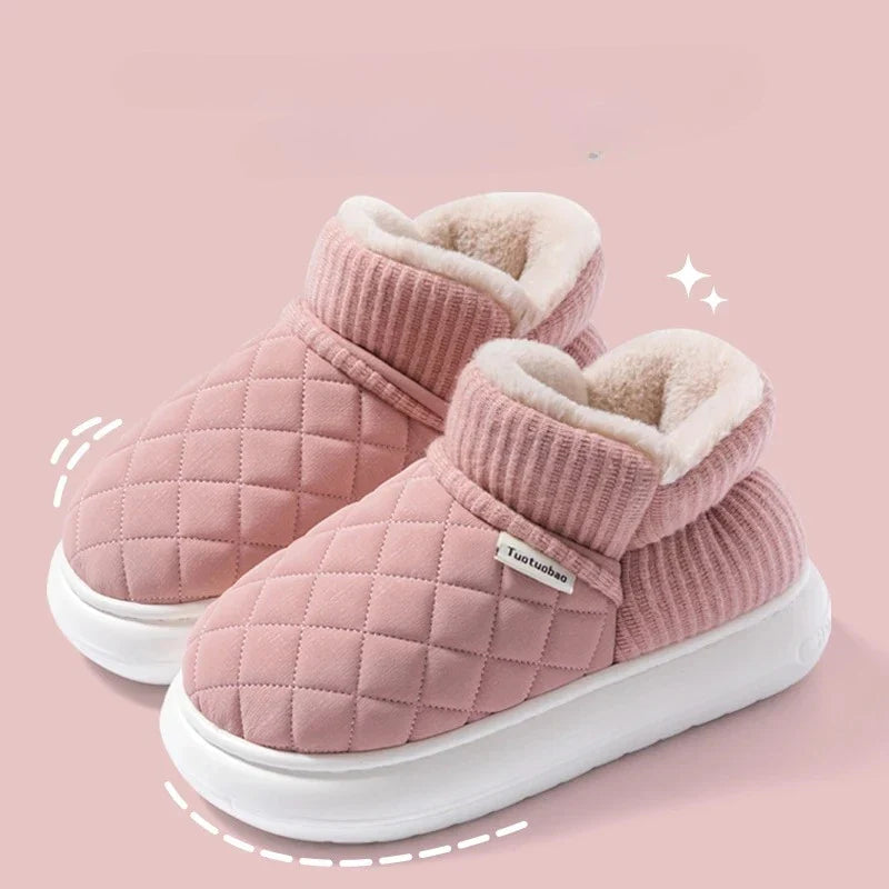 Women's Fleece Lined Platform Slippers Winter Warm Indoor Outdoor Slip-on Cotton Shoes