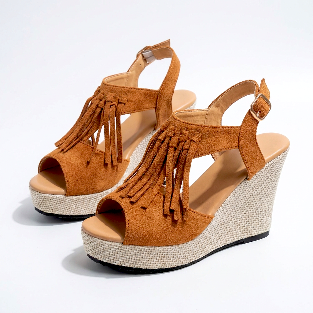Sandales compensées pour femmes, bout ouvert, franges, microsuède, style bohème, plateforme, chaussures confortables pour la marche