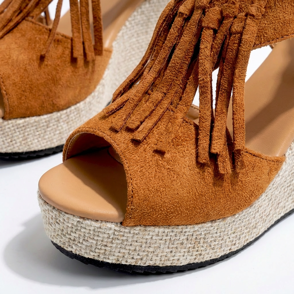 Sandales compensées pour femmes, bout ouvert, franges, microsuède, style bohème, plateforme, chaussures confortables pour la marche