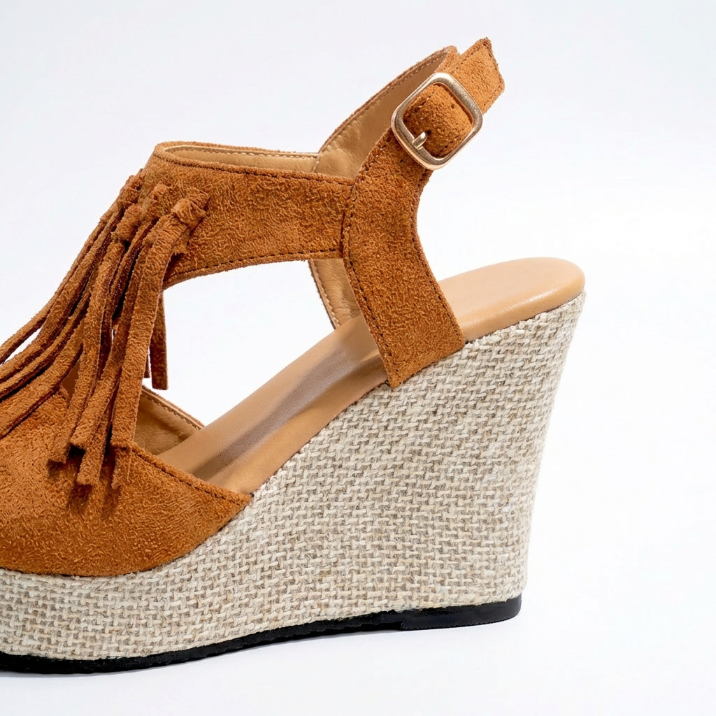 Sandales compensées pour femmes, bout ouvert, franges, microsuède, style bohème, plateforme, chaussures confortables pour la marche