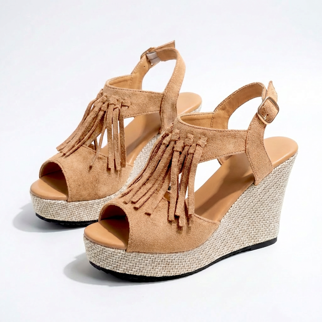 Sandales compensées pour femmes, bout ouvert, franges, microsuède, style bohème, plateforme, chaussures confortables pour la marche