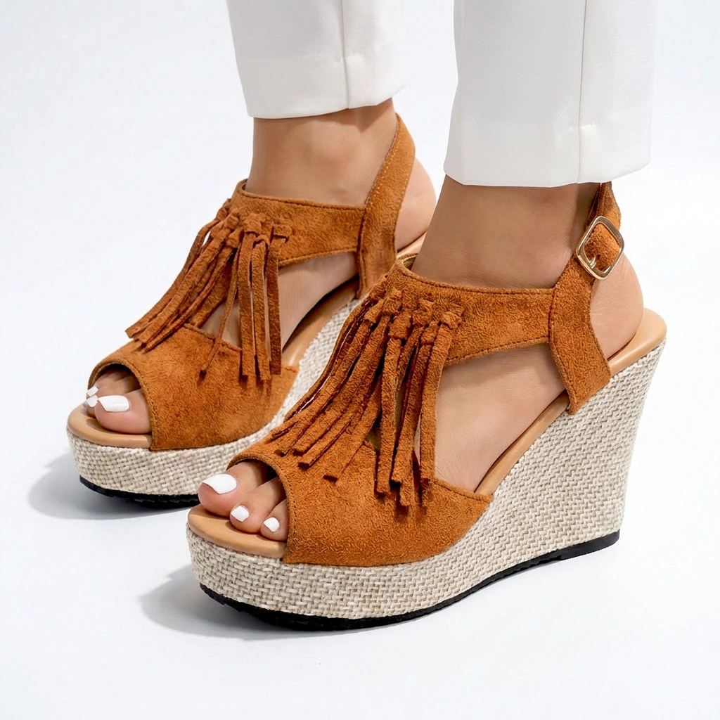 Sandales compensées pour femmes, bout ouvert, franges, microsuède, style bohème, plateforme, chaussures confortables pour la marche
