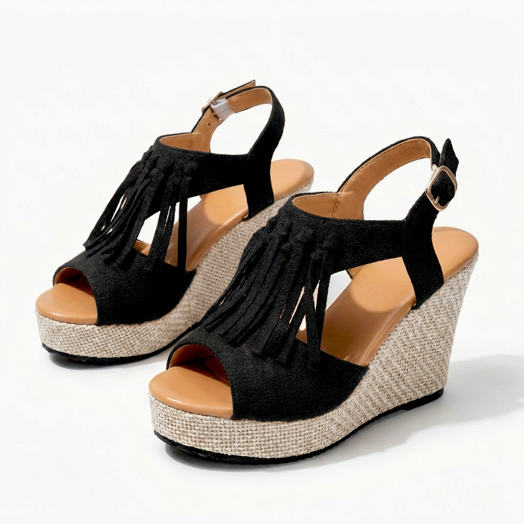 Sandales compensées pour femmes, bout ouvert, franges, microsuède, style bohème, plateforme, chaussures confortables pour la marche