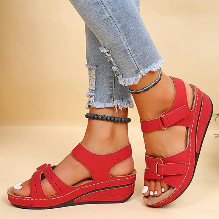 Sandalias de mujer sin cordones de cuero PU con soporte para el arco y cuña