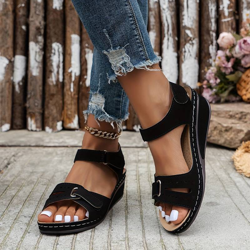 Sandalias de mujer sin cordones de cuero PU con soporte para el arco y cuña