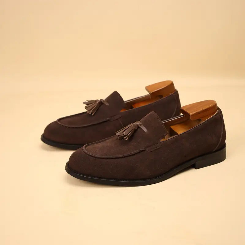 Herrskinnloafers med fransdetalj, slip-on i koskinn, affärsskor