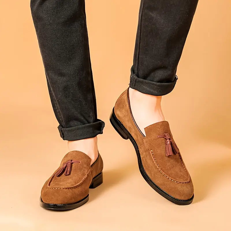 Herrskinnloafers med fransdetalj, slip-on i koskinn, affärsskor