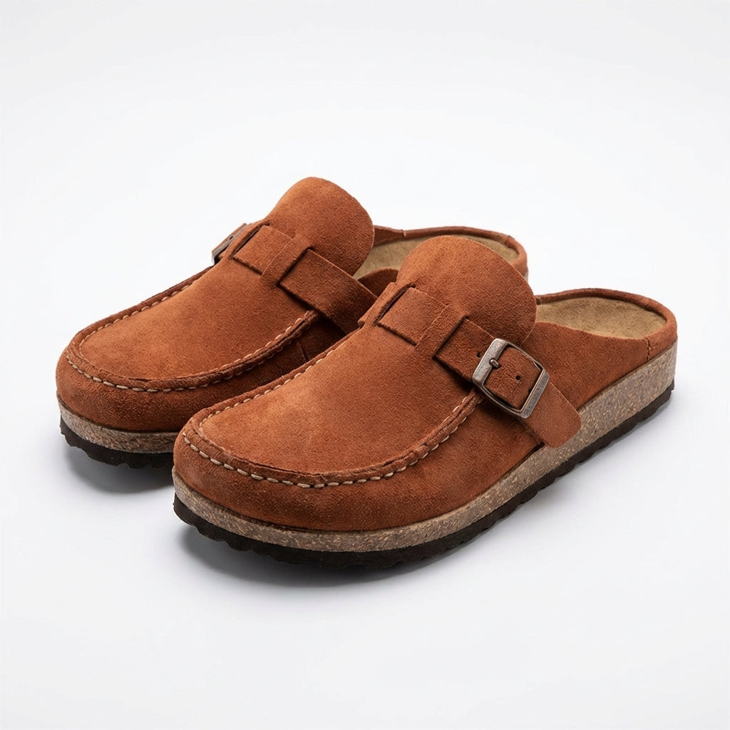 Women's Closed-Toe Clogs with Cork Footbed and Adjustable Buckle Strap Mules