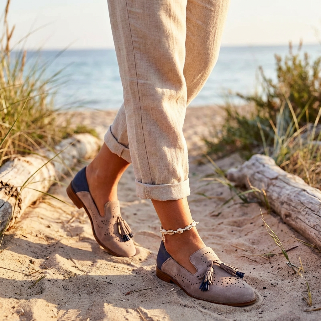 Mocassins à enfiler pour femmes à bout pointu en suédine avec pompons et détails sculptés