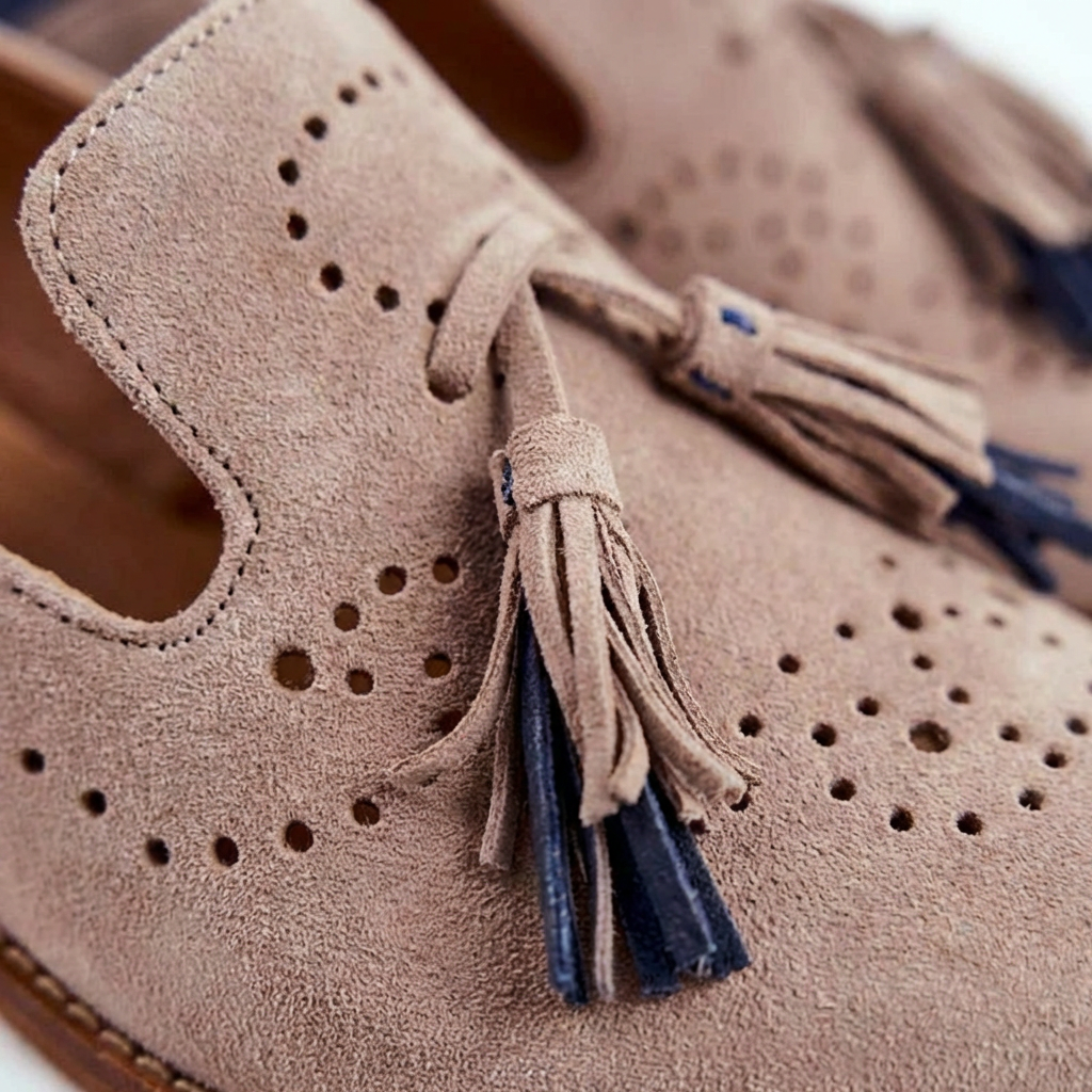 Mocassins à enfiler pour femmes à bout pointu en suédine avec pompons et détails sculptés