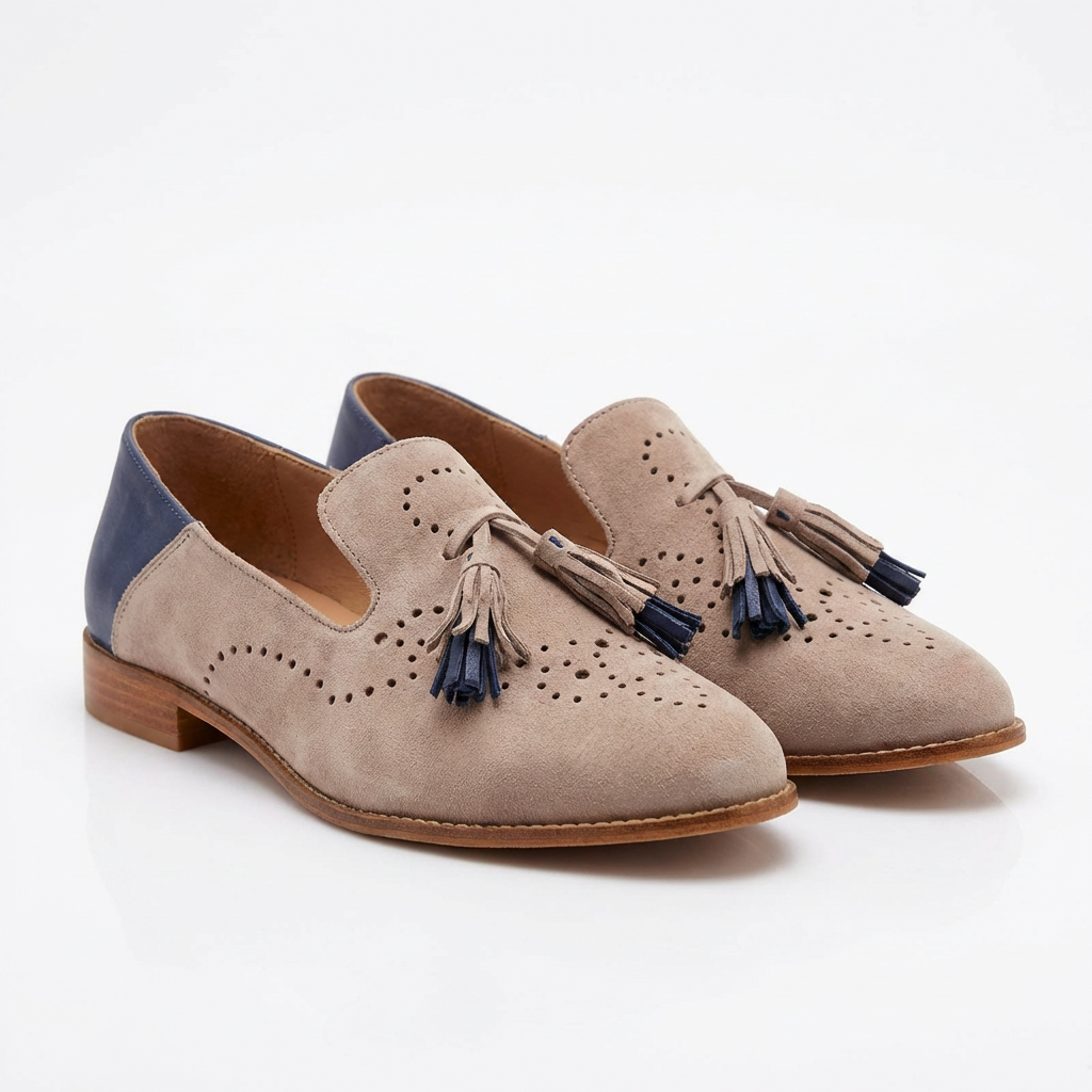 Mocassins à enfiler pour femmes à bout pointu en suédine avec pompons et détails sculptés