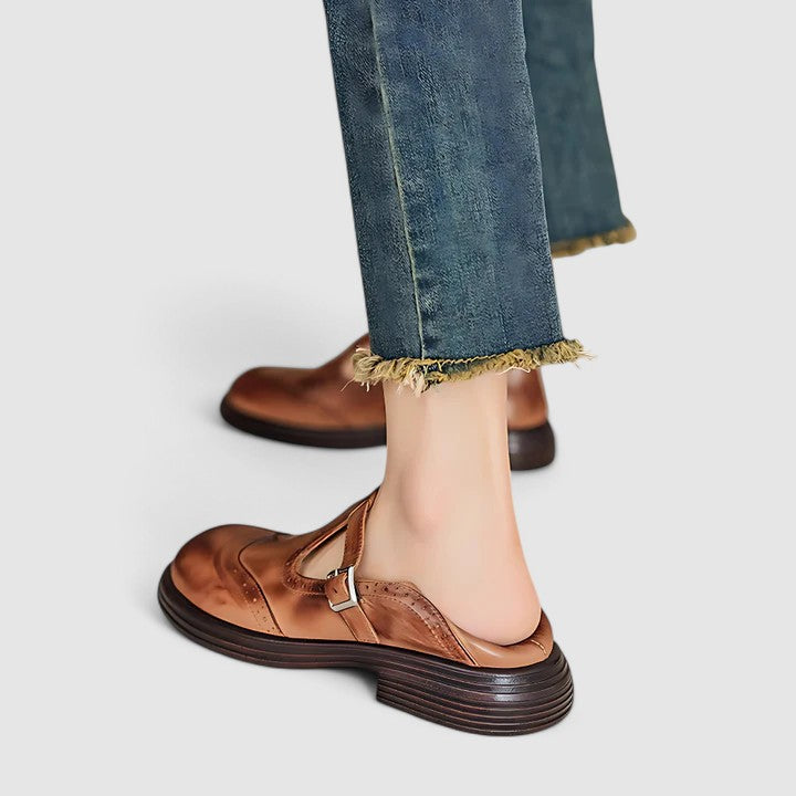 Chaussures pour femmes en cuir à bride en T avec fermeture à boucle, ballerines Mary Jane