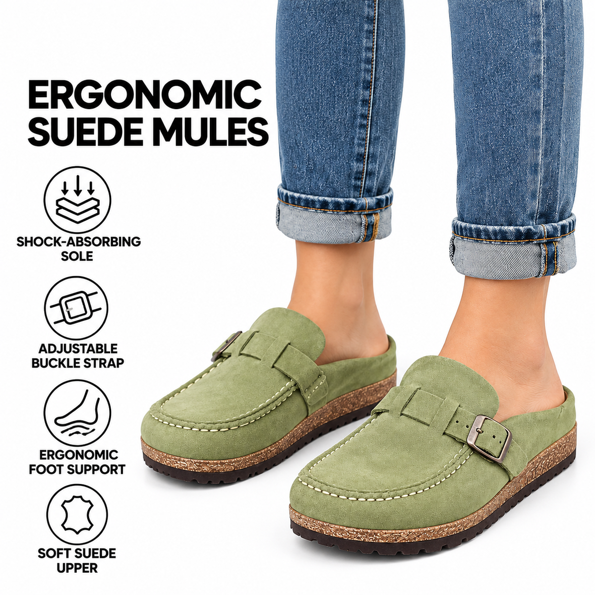 Women's Orthopedic Suede Mules – Elevated Platform & Adjustable Buckle Closure