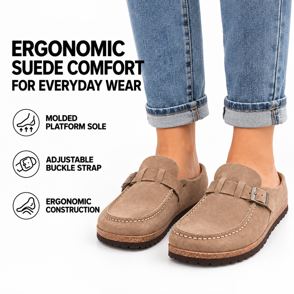 Women's Orthopedic Platform Mules – Suede Finish & Adjustable Buckle Strap