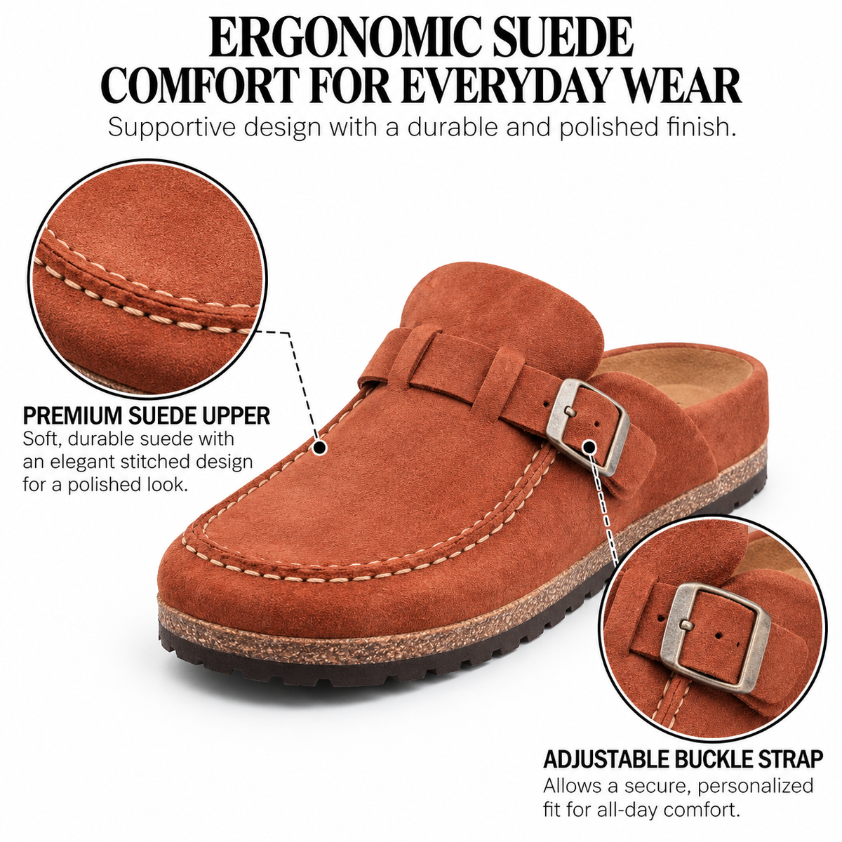 Women's Orthopedic Platform Mules – Suede Finish & Adjustable Buckle Strap