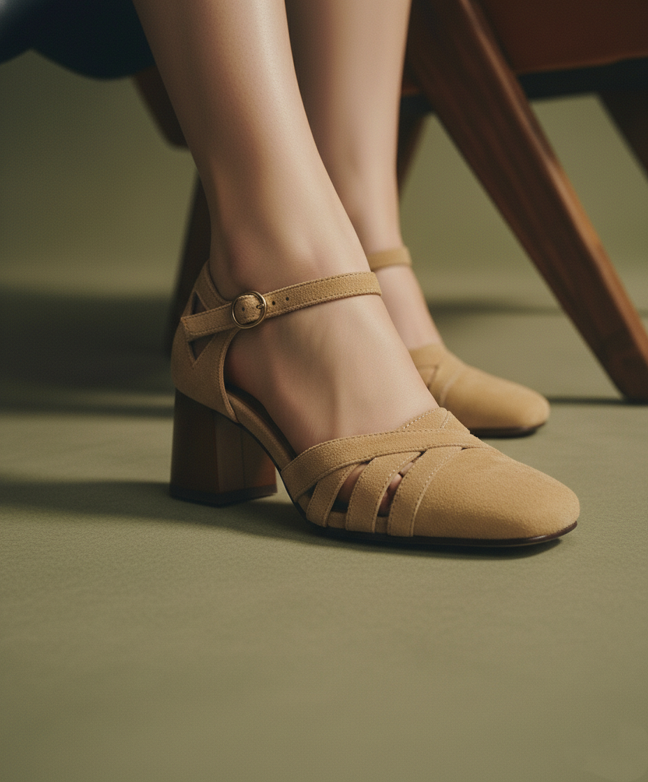 Sandales à talons en daim de mouton pour femmes, bout carré, bride cheville, talon bloc rétro épais