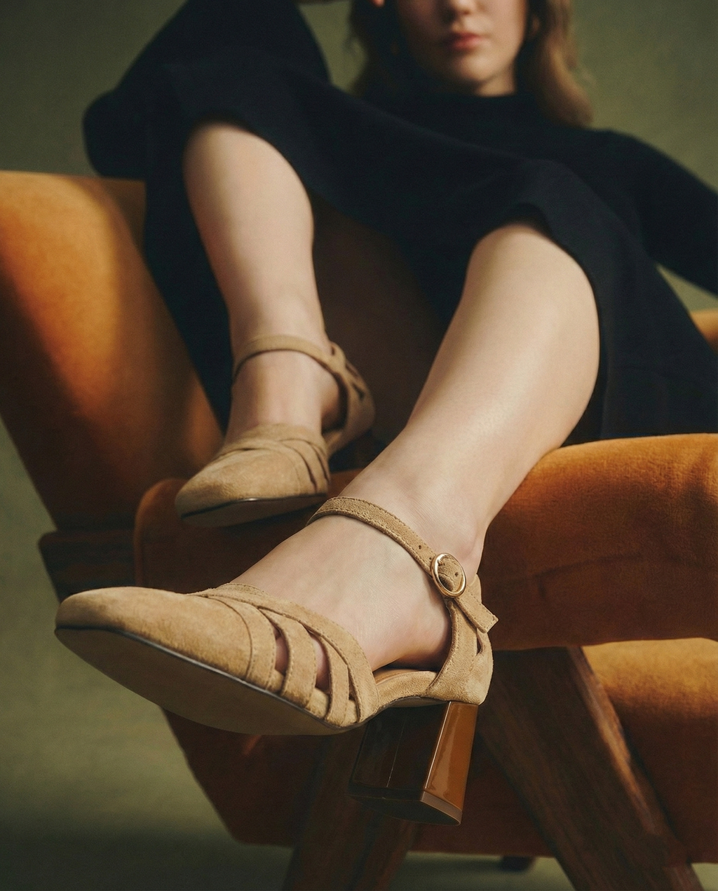 Sandales à talons en daim de mouton pour femmes, bout carré, bride cheville, talon bloc rétro épais