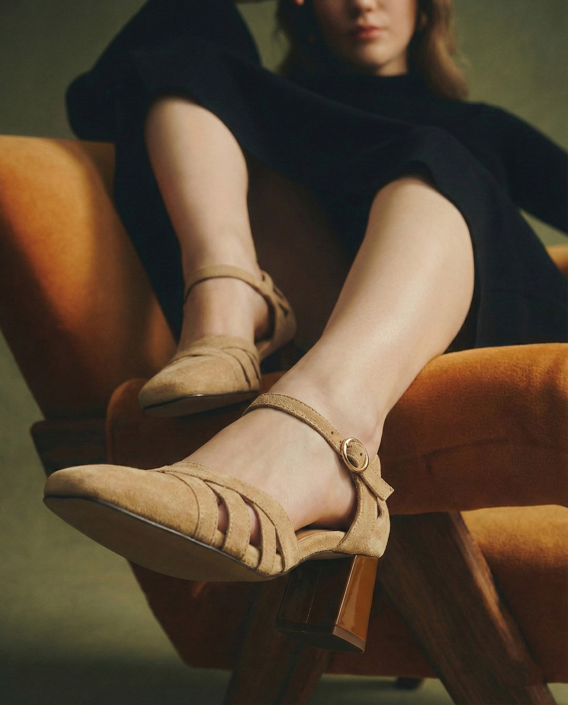 Sandales à talons en daim de mouton pour femmes, bout carré, bride cheville, talon bloc rétro épais
