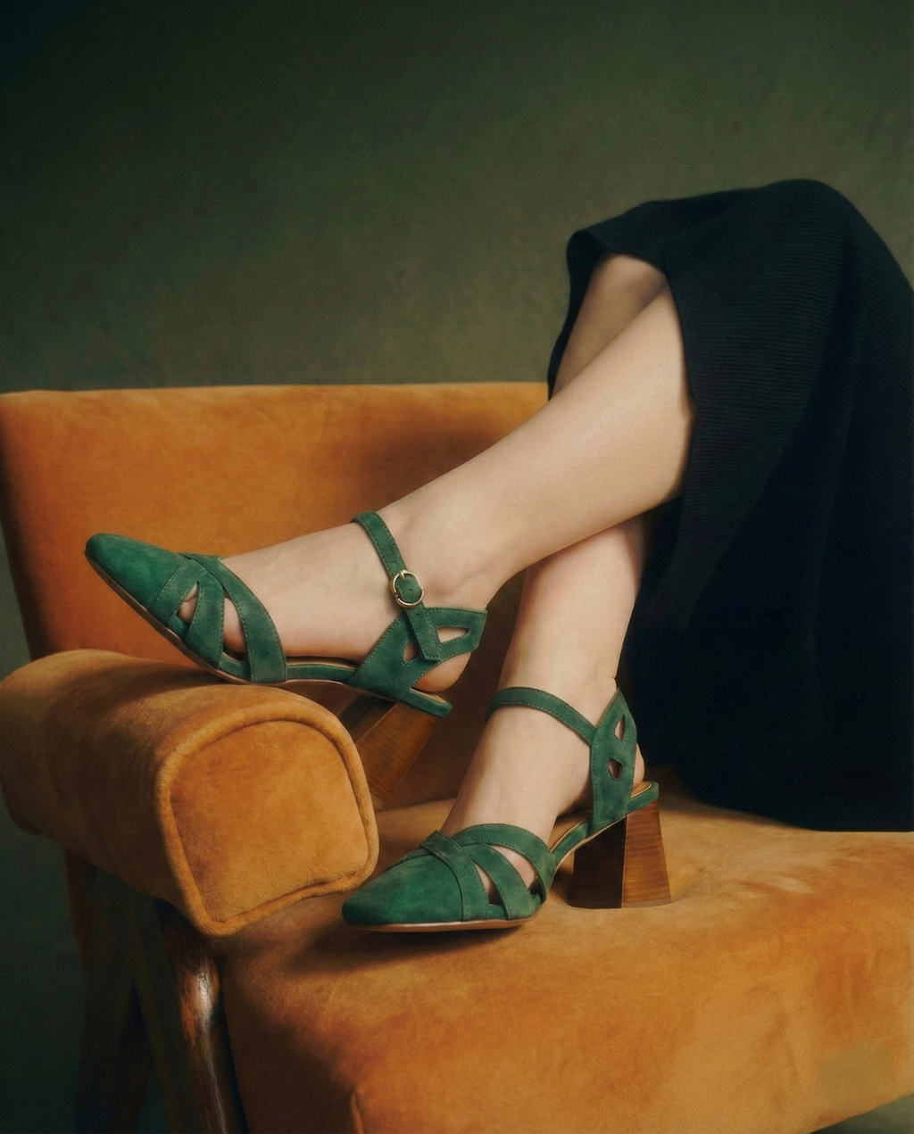 Sandales à talons en daim de mouton pour femmes, bout carré, bride cheville, talon bloc rétro épais