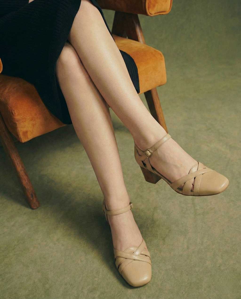 Sandales à talons en daim de mouton pour femmes, bout carré, bride cheville, talon bloc rétro épais