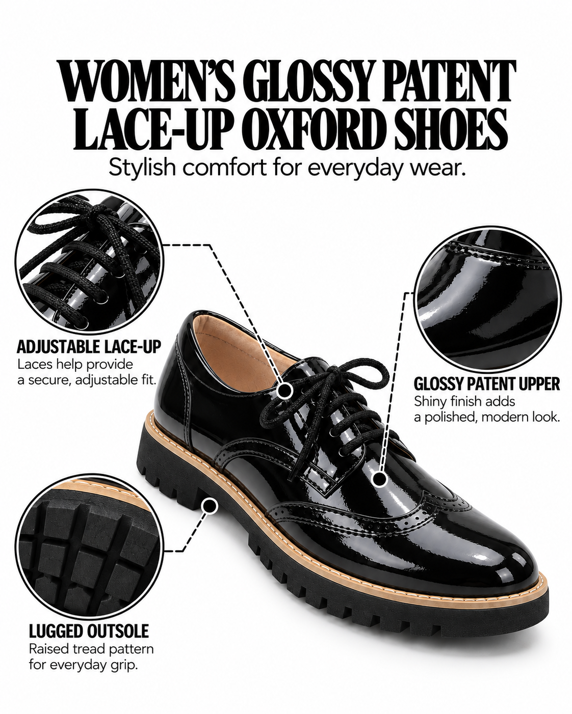 Women's Patent Leather Lace-Up Shoes – Glossy Finish & Flat Sole Design