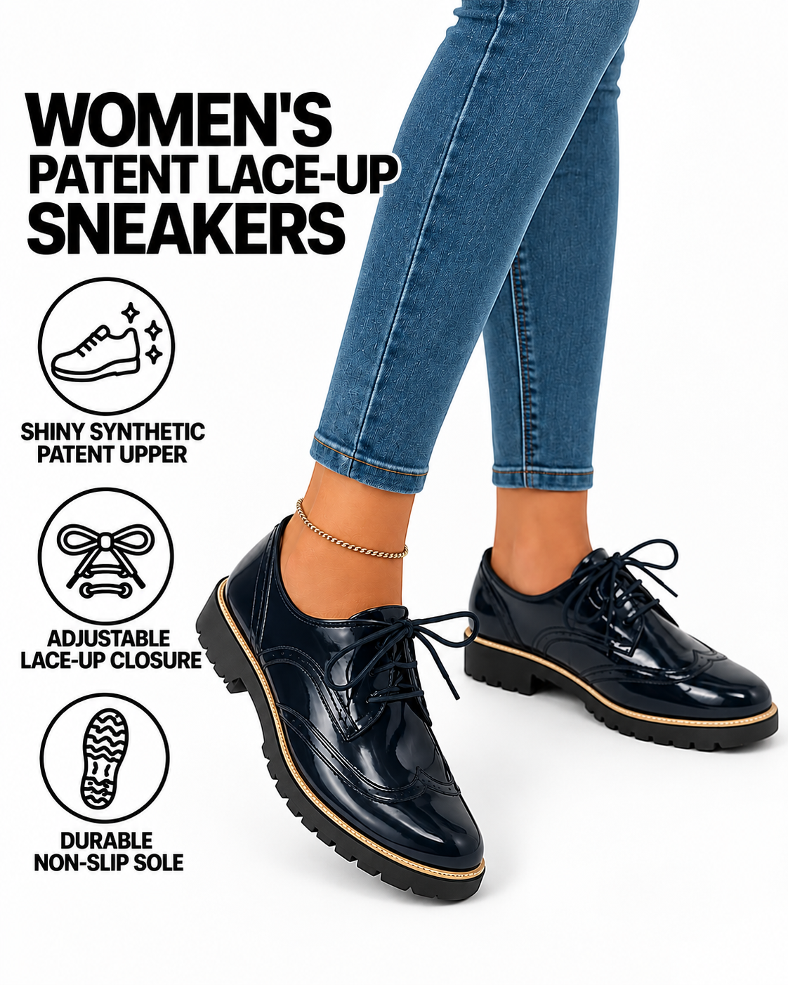 Women's Patent Leather Lace-Up Shoes – Glossy Finish & Flat Sole Design