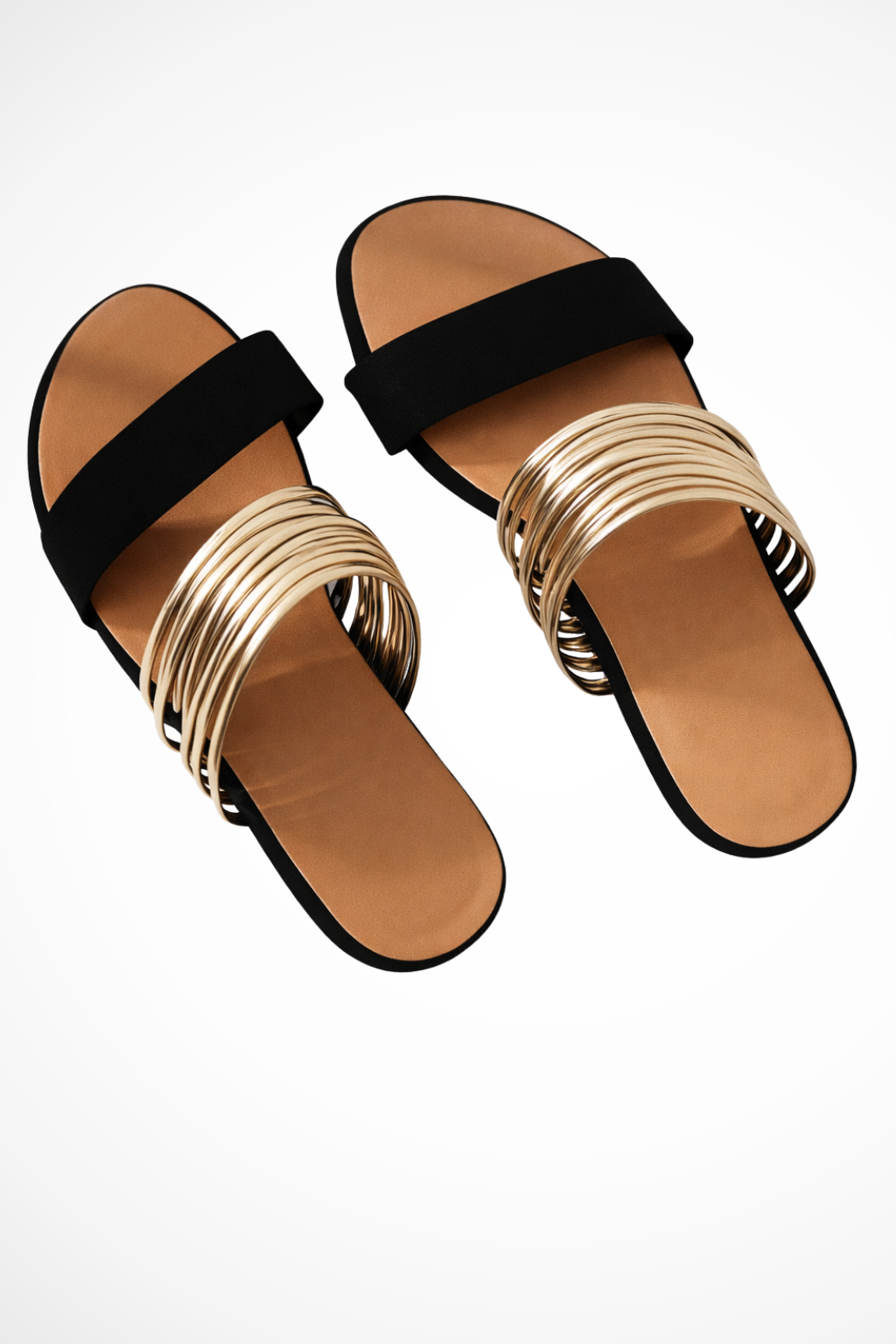 Damsandaler med flera remmar, metalliska detaljer och öppen tå, platta slides