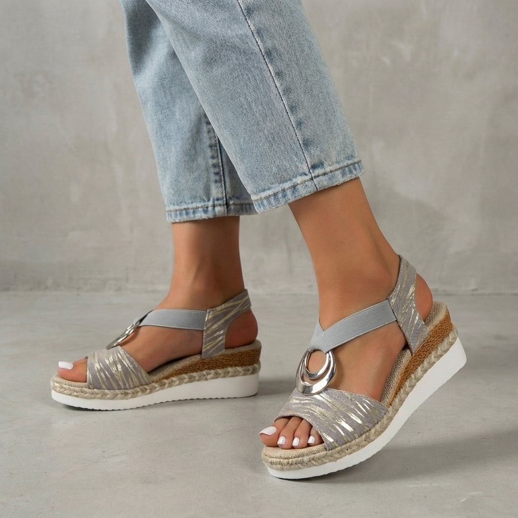 Dámské espadrilky na klínku s elastickým páskem na kotníku, otevřenou špičkou a platformou, volnočasové boty