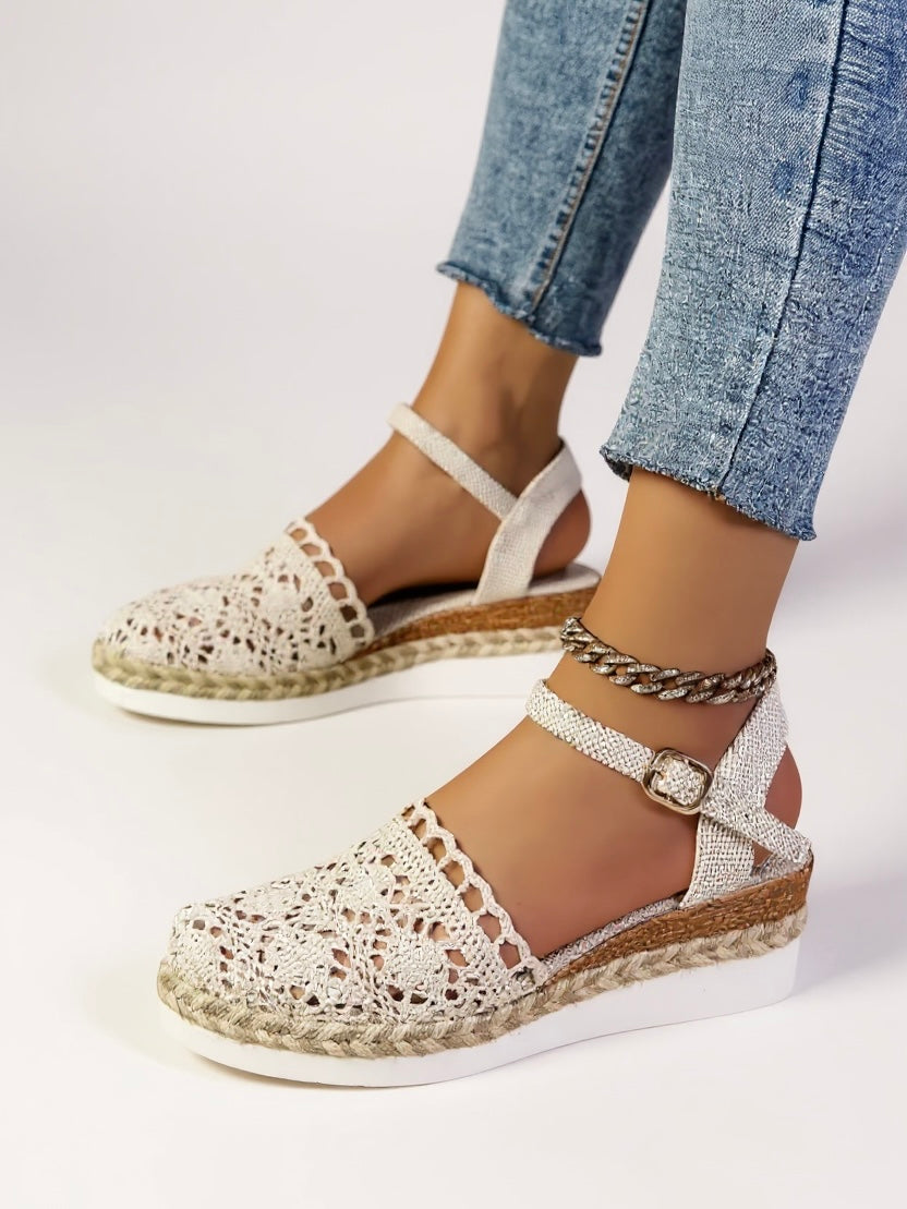 Sandalias de cuña para mujer con correa de tobillo de crochet y alpargatas