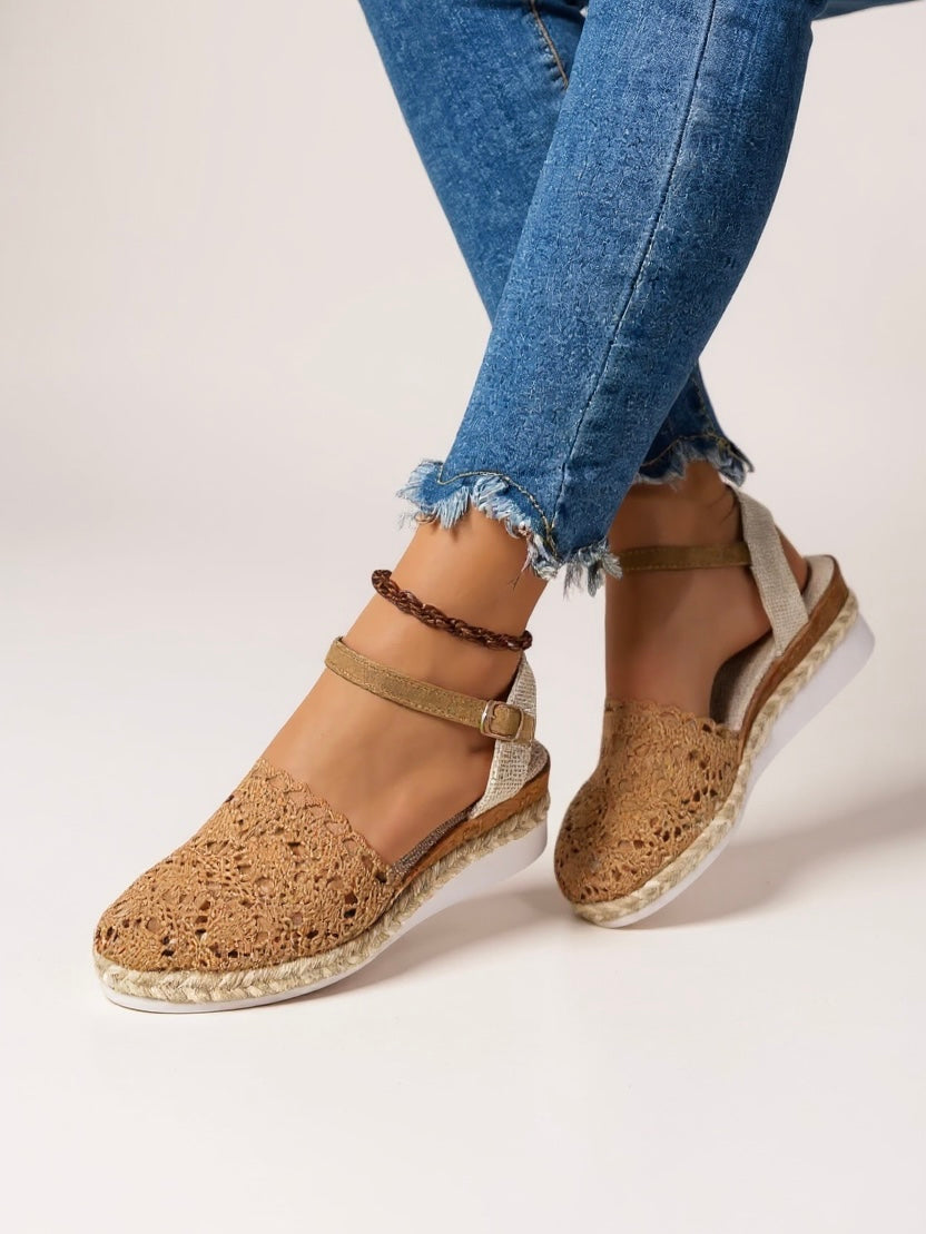 Sandali con zeppa da donna, cinturino alla caviglia in crochet, espadrillas