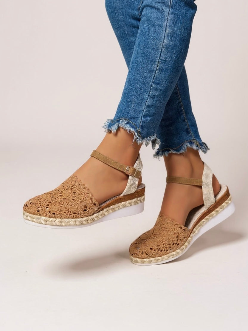 Sandalias de cuña para mujer con correa de tobillo de crochet y alpargatas