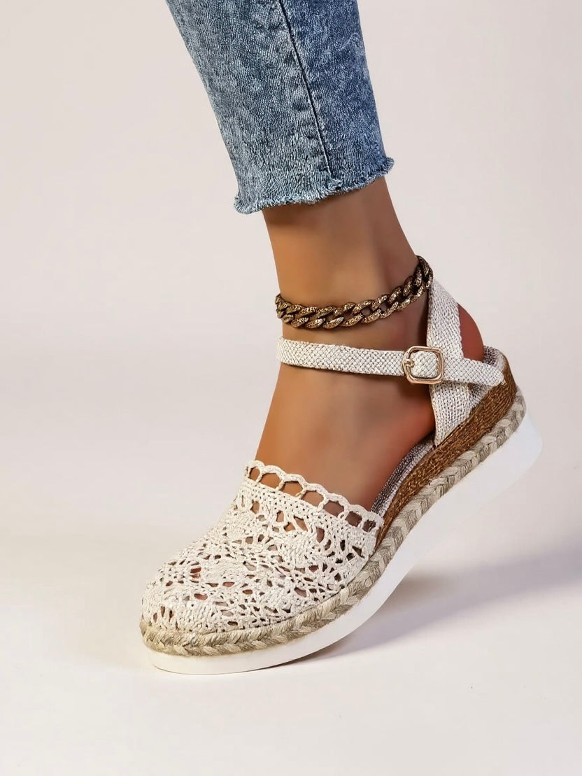Sandalias de cuña para mujer con correa de tobillo de crochet y alpargatas