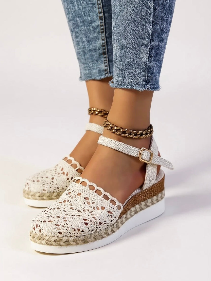 Sandalias de cuña para mujer con correa de tobillo de crochet y alpargatas