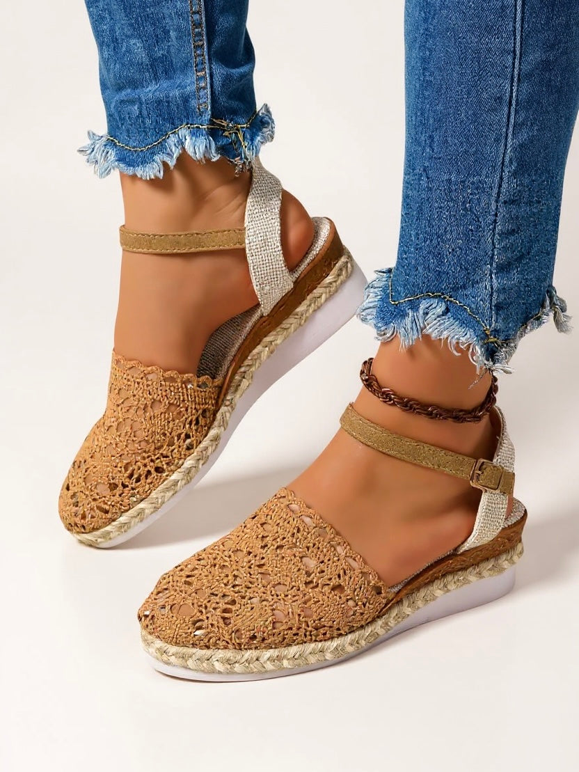 Sandalias de cuña para mujer con correa de tobillo de crochet y alpargatas