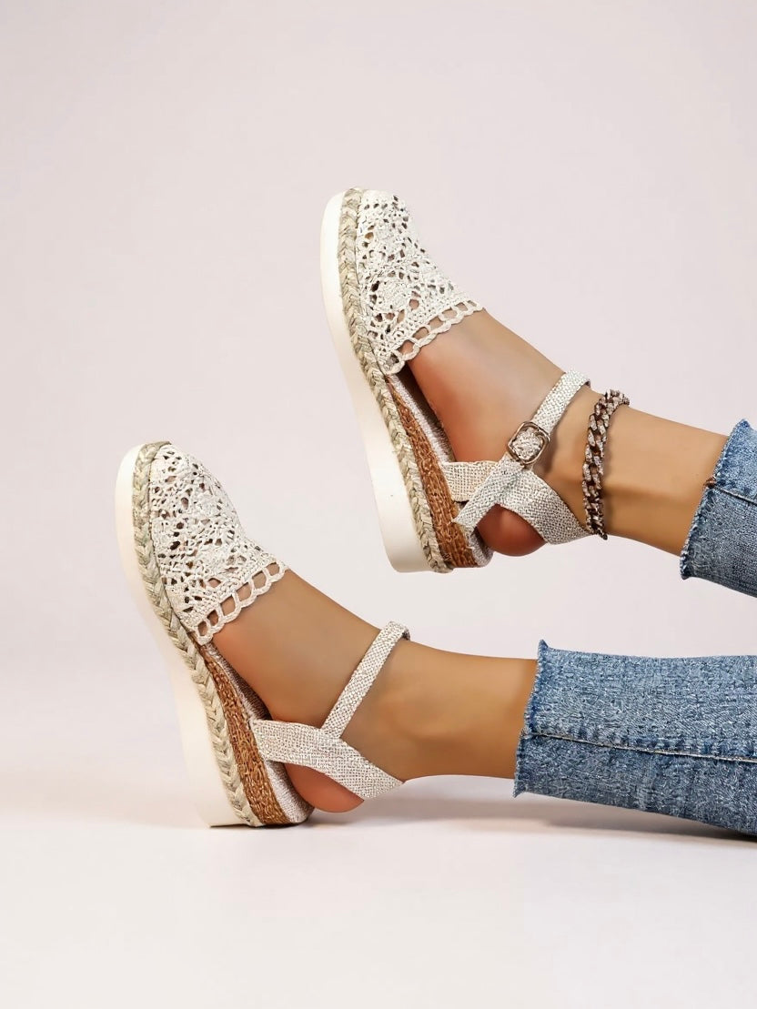 Sandalias de cuña para mujer con correa de tobillo de crochet y alpargatas