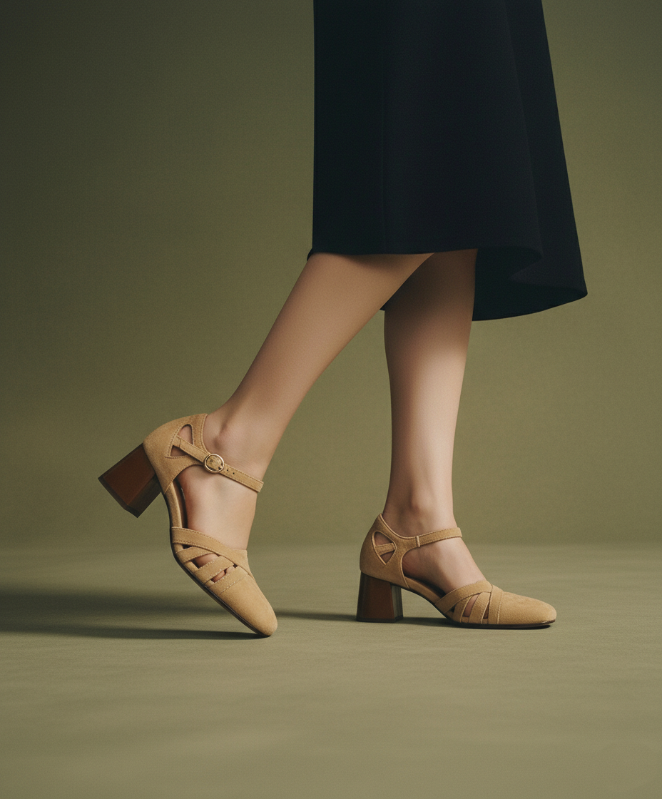 Sandales à talons en daim de mouton pour femmes, bout carré, bride cheville, talon bloc rétro épais