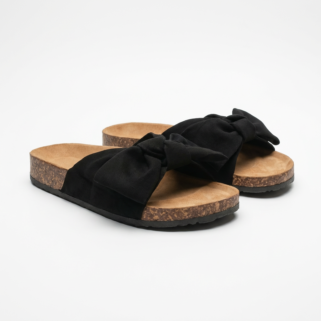 Women’s Flat Slide Sandals with Decorative Bow and Non-Slip Rubber Outsole