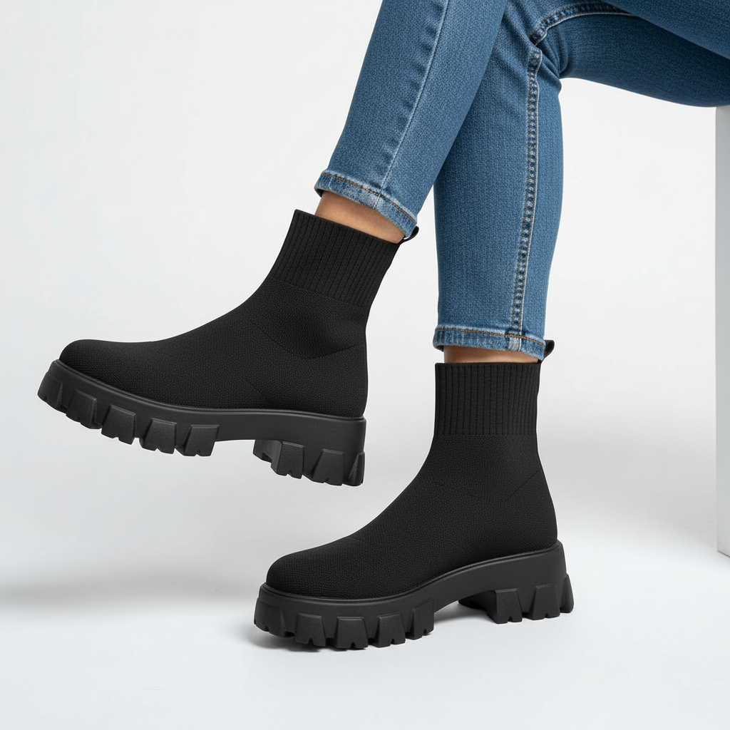 Women's Comfort Sock-Style Platform Ankle Boots – Breathable Fabric, Block Heel