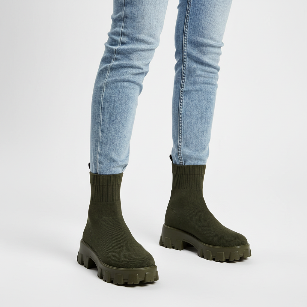 Women's Comfort Sock-Style Platform Ankle Boots – Breathable Fabric, Block Heel