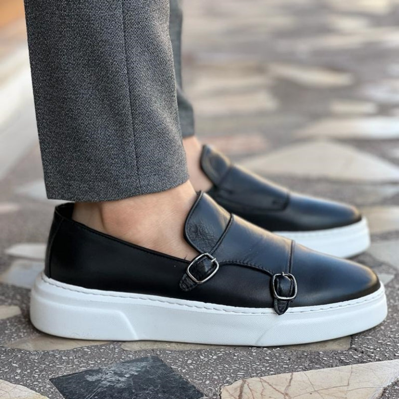 Herrskinnloafers med dubbel munkrem, slip-on-skor